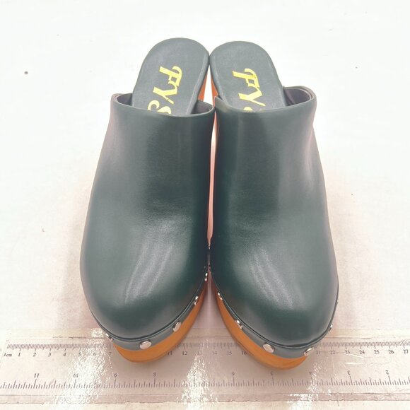 FYS Dark Green Round Toe Slip on Mule Rivet Studded High Heel Wedges Dressy Shoe - Picture 3 of 8